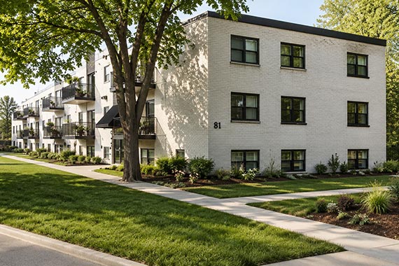 Multi-family residential income property with multiple rental units, representative of apartment buildings commonly financed through CMHC multi-residential lending programs.