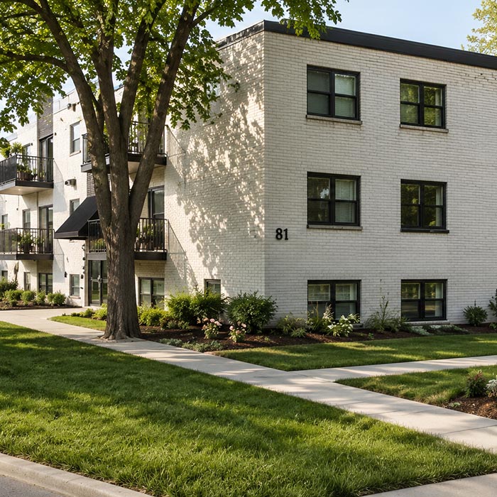 Multi-family residential income property with multiple rental units, representative of apartment buildings commonly financed through CMHC multi-residential lending programs.