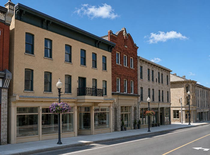 Comm/Res- Small-town mixed-use commercial and residential building with street-level retail and upper-floor apartments