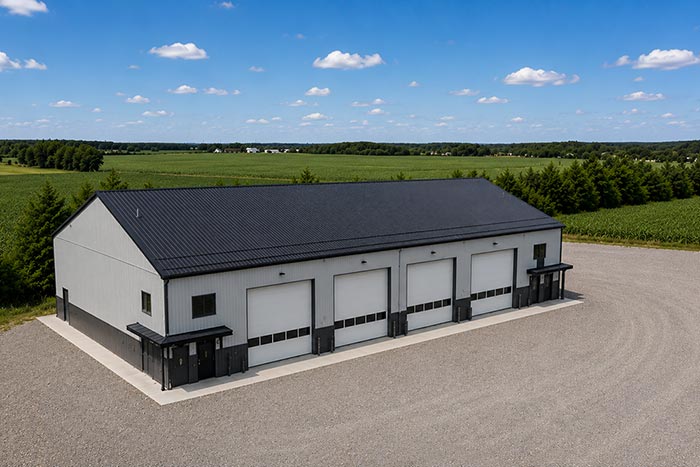 Rural industrial building with service bays in Southwestern Ontario