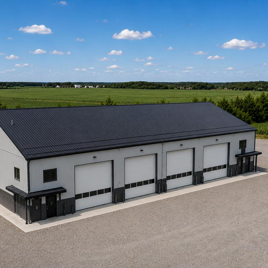 Rural industrial building with service bays in Southwestern Ontario